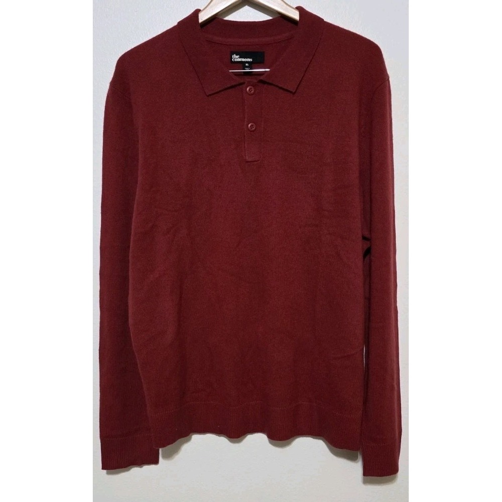 The Commons 100% Cashmere Men XL Red‎ Pullover Sweater 1/4 Button Polo Sleeves